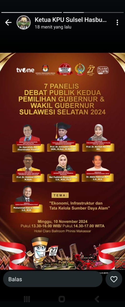 Pengamat Desak KPU Coret Hasrullah sebagai Panelis Debat Cagub Sulsel 2024