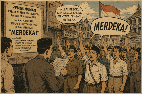 emerintah menetapkan “Merdeka” sebagai salam nasional, yang mulai berlaku pada 1 September 1945.