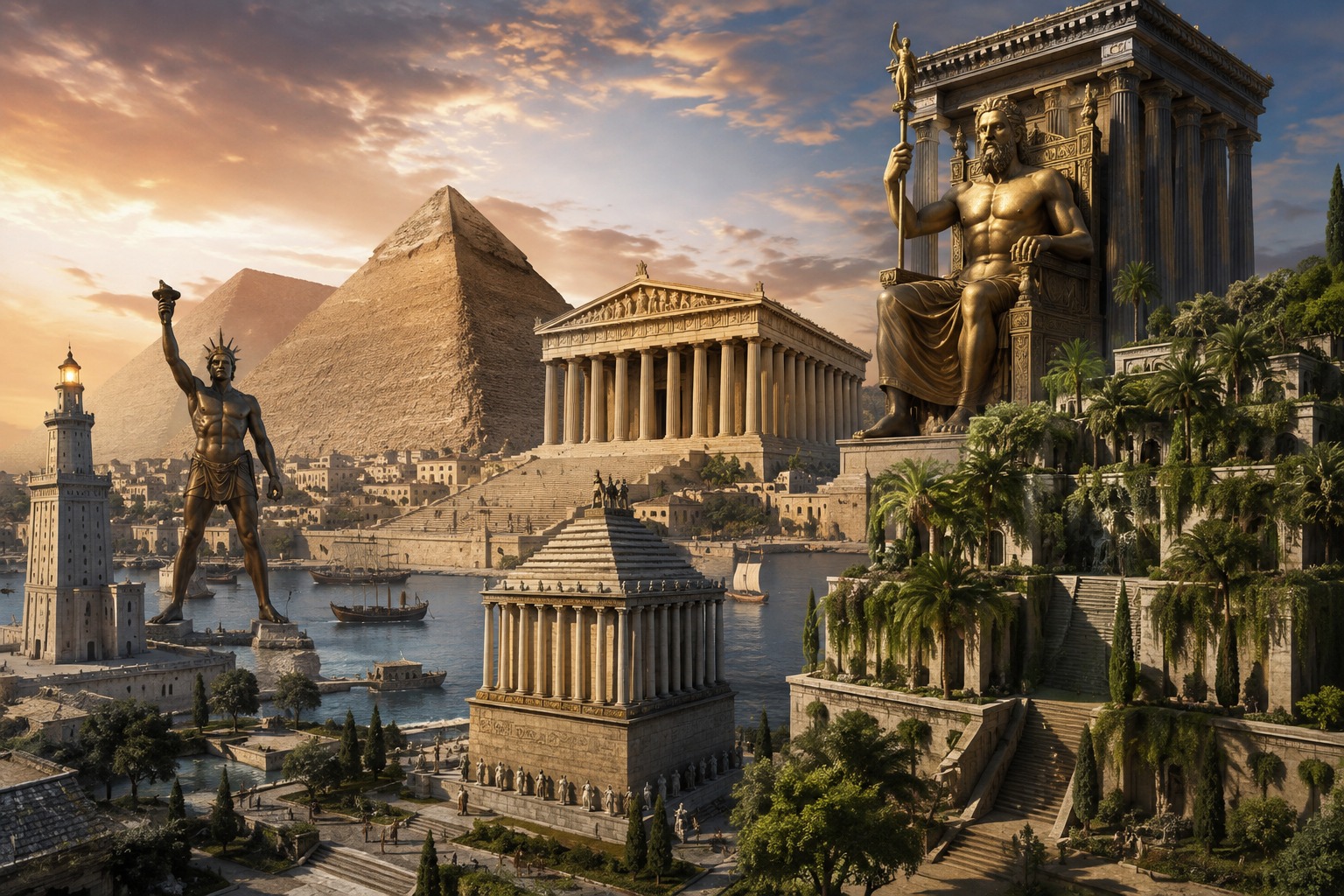 Piramida Agung Giza yang menjulang di tengah gurun Mesir, Taman Gantung Babilonia yang diceritakan bertingkat-tingkat, Kuil Artemis di Efesus, Patung Zeus di Olympia, Mausoleum Halikarnassus, Kolosus Rhodes, dan Mercusuar Alexandria.