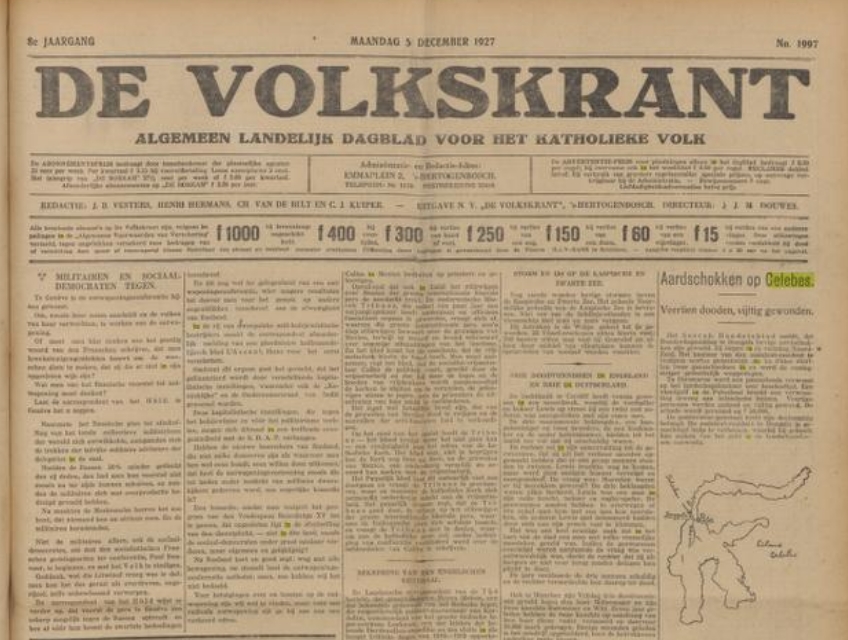 Koran Belanda yang melaporkan ini adalah De Volkskrant di bawah tajuk: “Aardschokken op Celebes. Veertien dooden, vijftig gewonden” yang terbit pada 5 Desember 1927