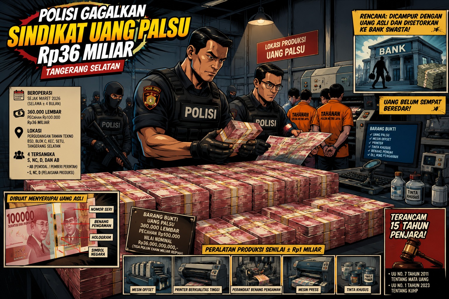 Sebanyak 360.000 lembar uang palsu pecahan Rp100.000, dengan nilai nominal mencapai sekitar Rp36 miliar, ditemukan sebelum sempat beredar di masyarakat.