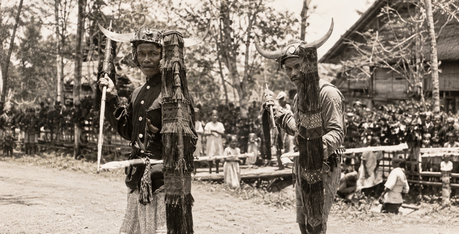 Dua Tadulako Sigi dalam pakaian perang sekitar 1930 . (Foto: https://digitalcollections.universiteitleiden.nl)